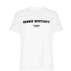 Dennis Westcott men's T-shirt in white with bold name lettering