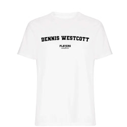 Dennis Westcott men's T-shirt in white with bold name lettering