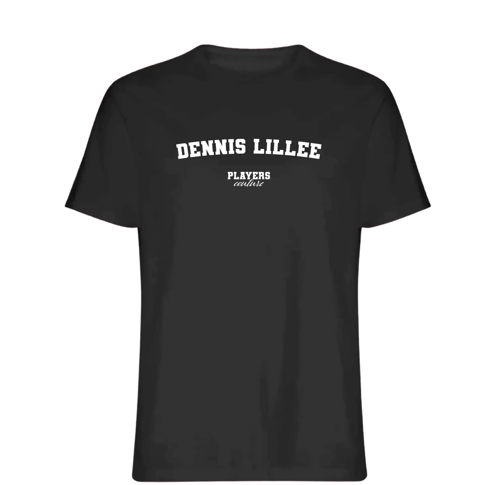 Dennis Lillee t-shirt – black men's t-shirt with white Dennis Lillee letters and Players Couture logo on the chest