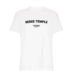 Derek Temple men's T-shirt in white with bold name lettering