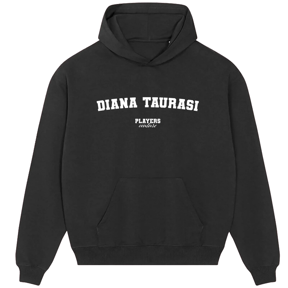 Diana Taurasi hoodie – black men's hoodie with white Diana Taurasi letters and Players Couture logo on the chest