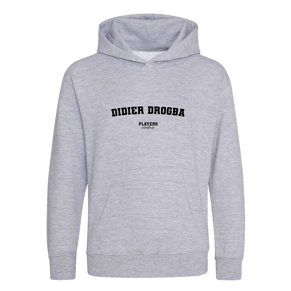 Didier Drogba hoodie – grey kids' hoodie with black Didier Drogba letters and Players Couture logo on the chest