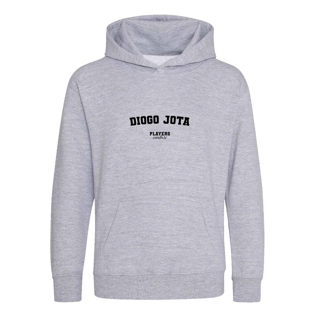 Diogo Jota hoodie – grey kids' hoodie with black Diogo Jota letters and Players Couture logo on the chest