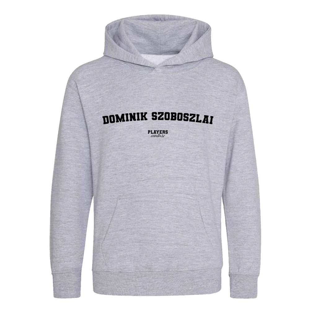 Dominik Szoboszlai hoodie – grey kids' hoodie with black Dominik Szoboszlai letters and Players Couture logo on the chest