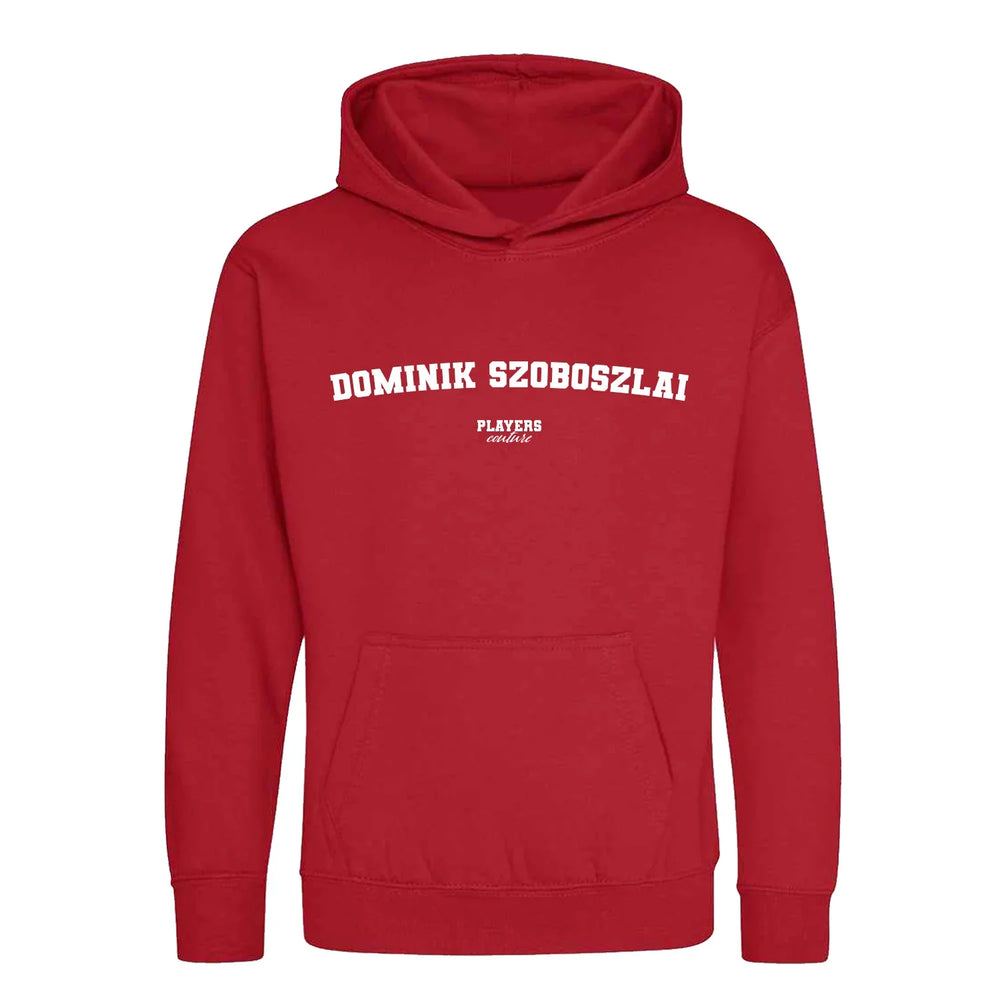 Dominik Szoboszlai hoodie – red kids' hoodie with white Dominik Szoboszlai letters and Players Couture logo on the chest