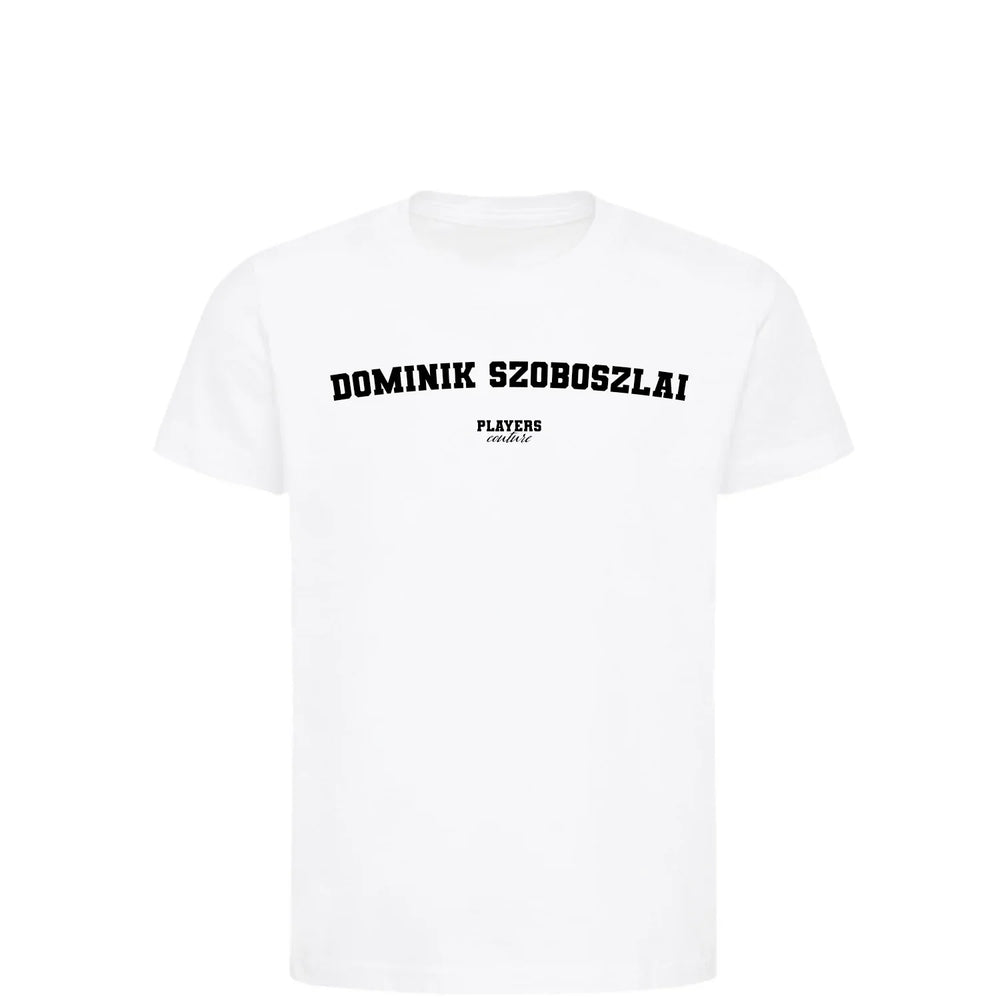Dominik Szoboszlai t-shirt – white kids' t-shirt with black Dominik Szoboszlai letters and Players Couture logo on the chest