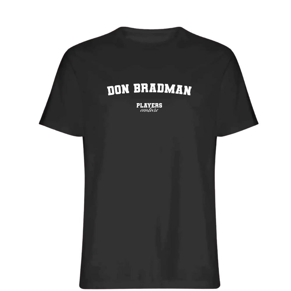 Don Bradman t-shirt – black men's t-shirt with white Don Bradman letters and Players Couture logo on the chest