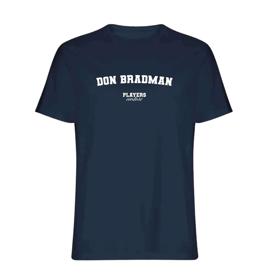 Don Bradman t-shirt – navy men's t-shirt with white Don Bradman letters and Players Couture logo on the chest