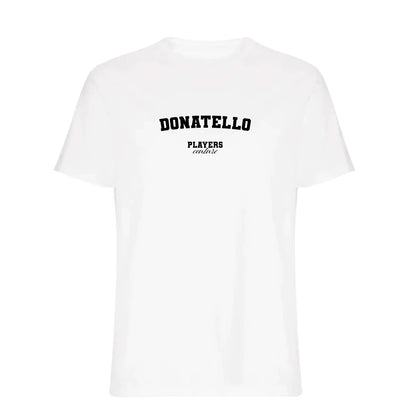 Donatello t-shirt – white men's t-shirt with black Donatello letters and Players Couture logo on the chest
