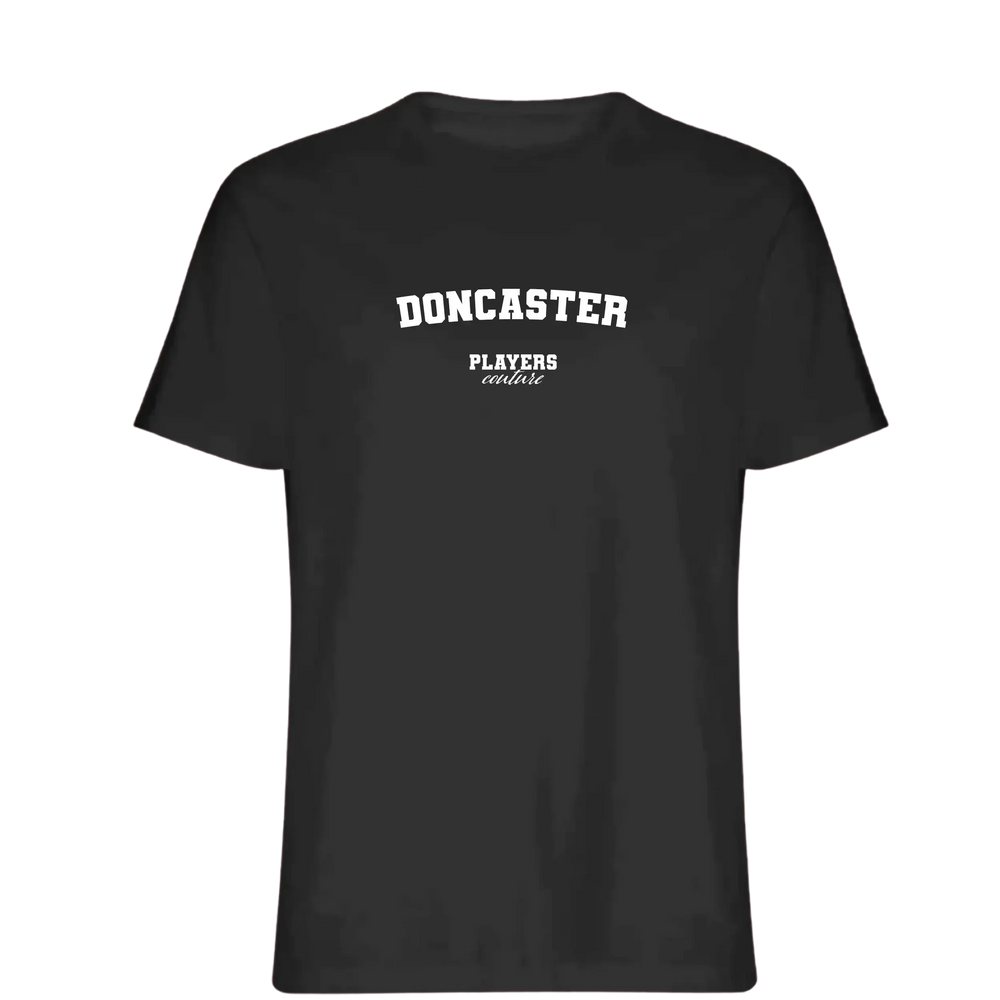 Doncaster t-shirt – black men's t-shirt with white Doncaster letters and Players Couture logo on the chest