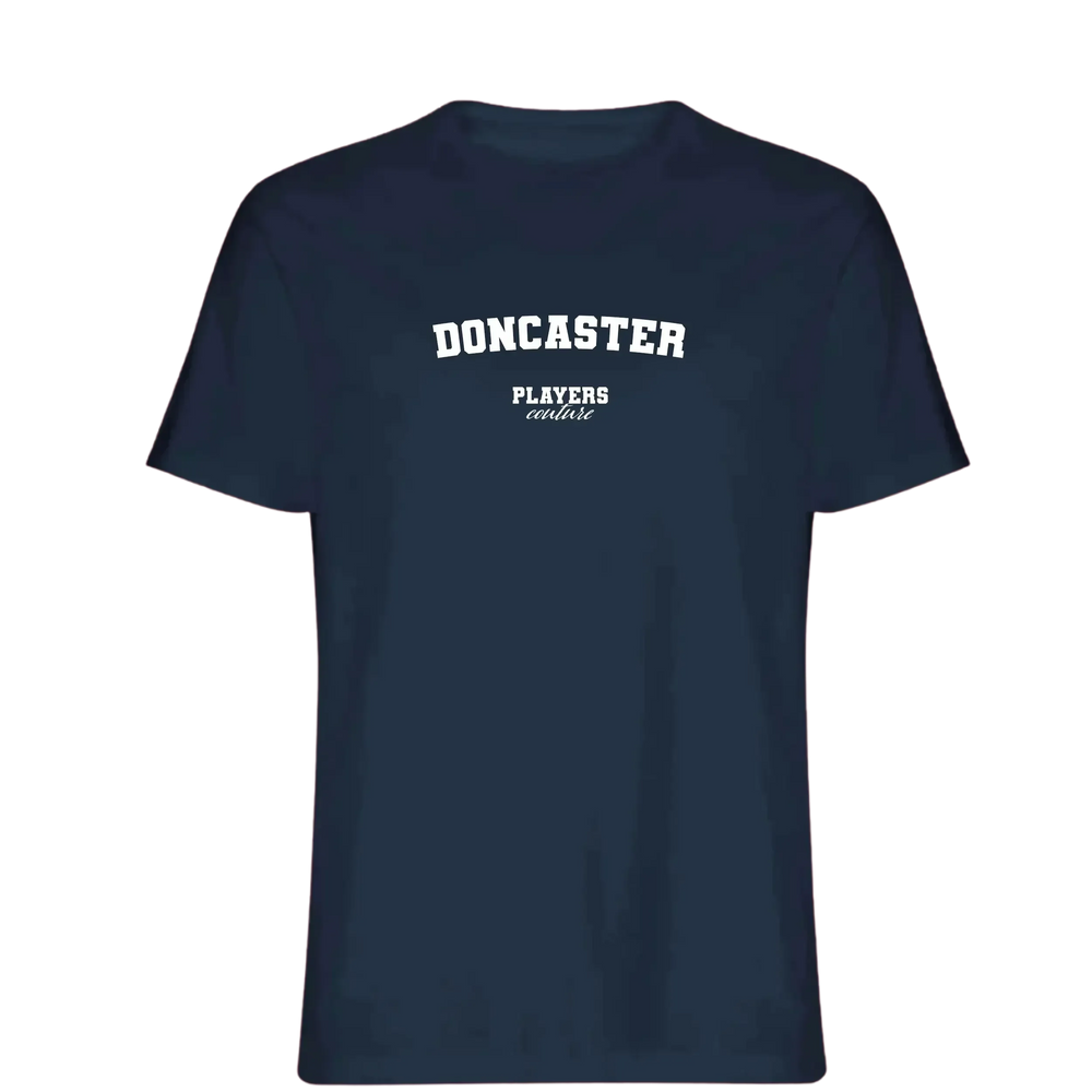 Doncaster t-shirt – navy men's t-shirt with white Doncaster letters and Players Couture logo on the chest