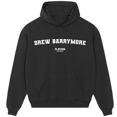 Drew Barrymore hoodie – black men's hoodie with white Drew Barrymore letters and Players Couture logo on the chest