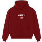Duffy hoodie – red men's hoodie with white Duffy letters and Players Couture logo on the chest
