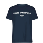Dusty Springfield t-shirt – navy men's t-shirt with white Dusty Springfield letters and Players Couture logo on the chest