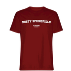 Dusty Springfield t-shirt – red men's t-shirt with white Dusty Springfield letters and Players Couture logo on the chest