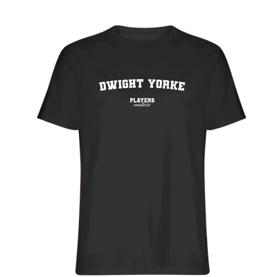 Dwight Yorke t-shirt – black men's t-shirt with white Dwight Yorke letters and Players Couture logo on the chest