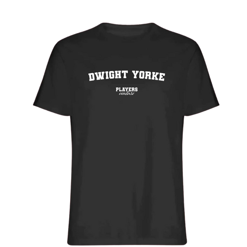 Dwight Yorke t-shirt – black men's t-shirt with white Dwight Yorke letters and Players Couture logo on the chest