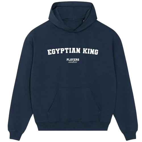 Egyptian King hoodie – navy men's hoodie with white Egyptian King letters and Players Couture logo on the chest