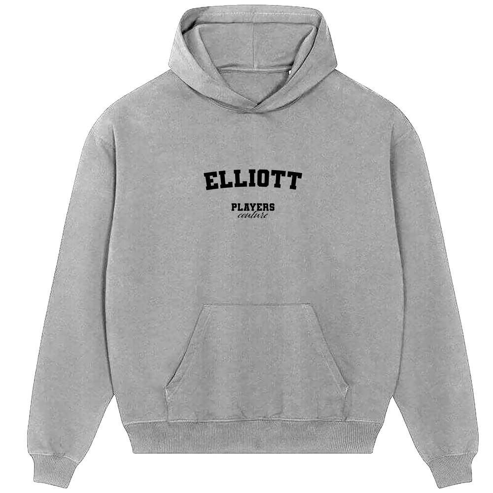 Gray Players Couture men's casual hoodie with 'ELLIOTT' text and front pocket.