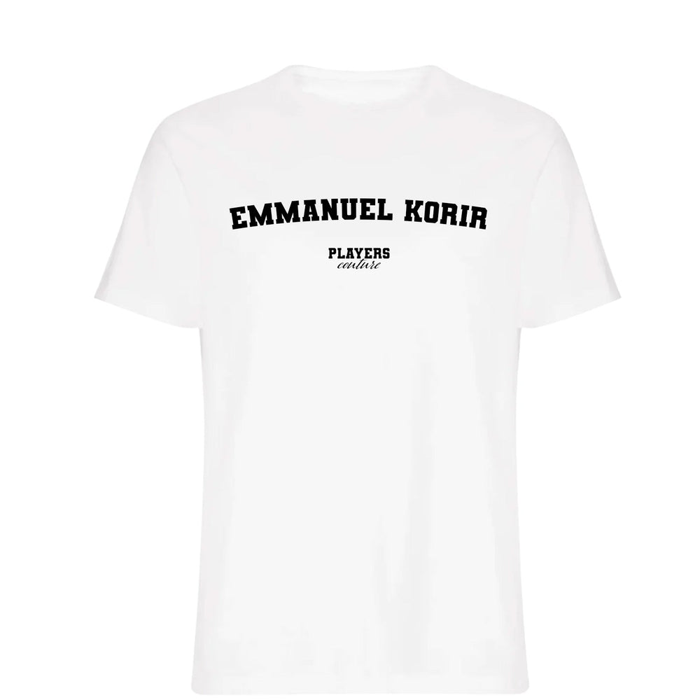 Emmanuel Korir men's T-shirt in white with bold name lettering