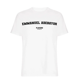 Emmanuel Adebayor t-shirt – white men's t-shirt with black Emmanuel Adebayor letters and Players Couture logo on the chest