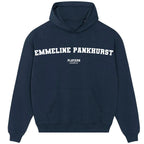 Emmeline Pankhurst hoodie – navy men's hoodie with white Emmeline Pankhurst letters and Players Couture logo on the chest