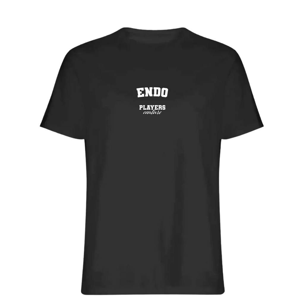 Endo t-shirt – black men's t-shirt with white Endo letters and Players Couture logo on the chest