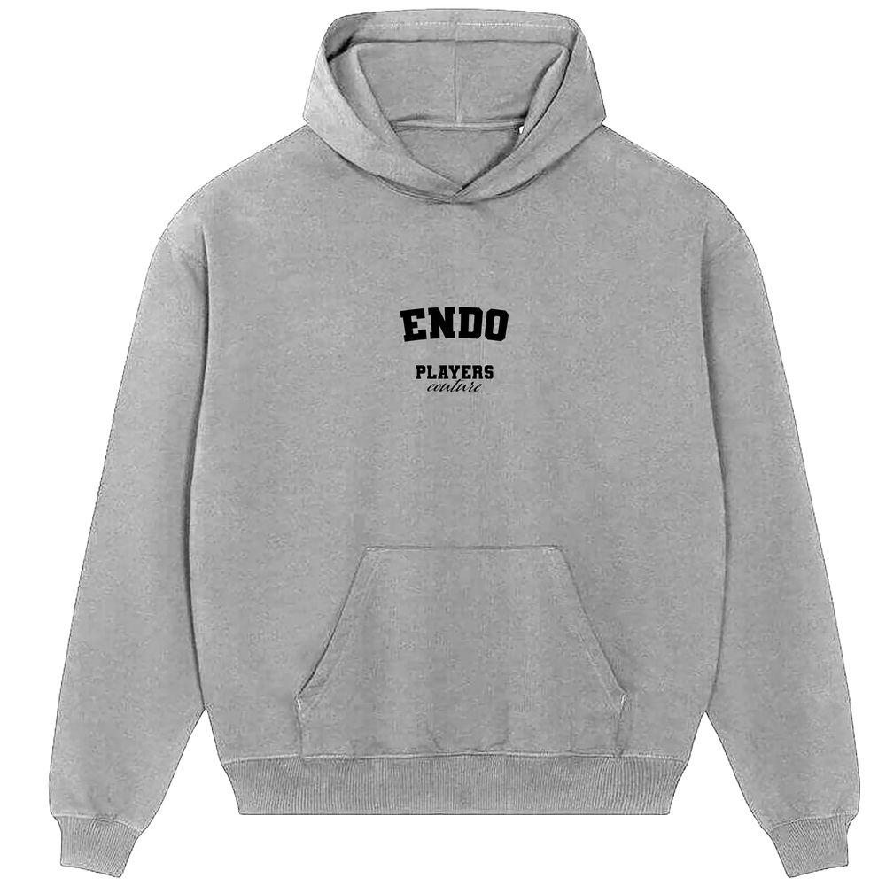 Grey Players Couture men's hoodie with ENDO graphic, front pocket, and sporty casual style