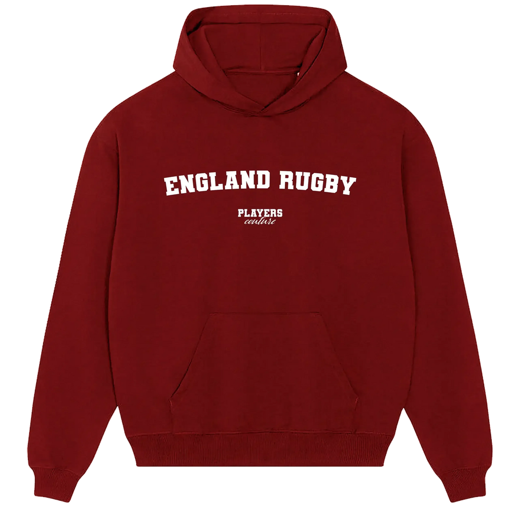 England Rugby hoodie – red men's hoodie with white England Rugby letters and Players Couture logo on the chest