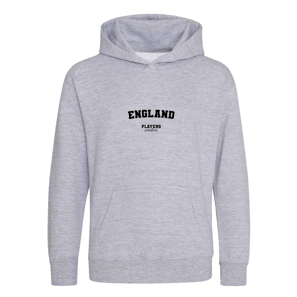 England hoodie – grey kids' hoodie with black England letters and Players Couture logo on the chest