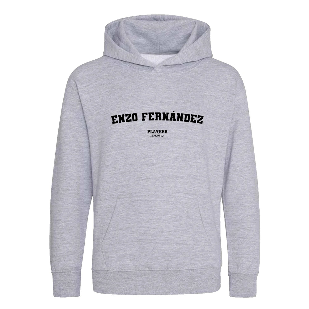 Enzo Fernández hoodie – grey kids' hoodie with black Enzo Fernández letters and Players Couture logo on the chest