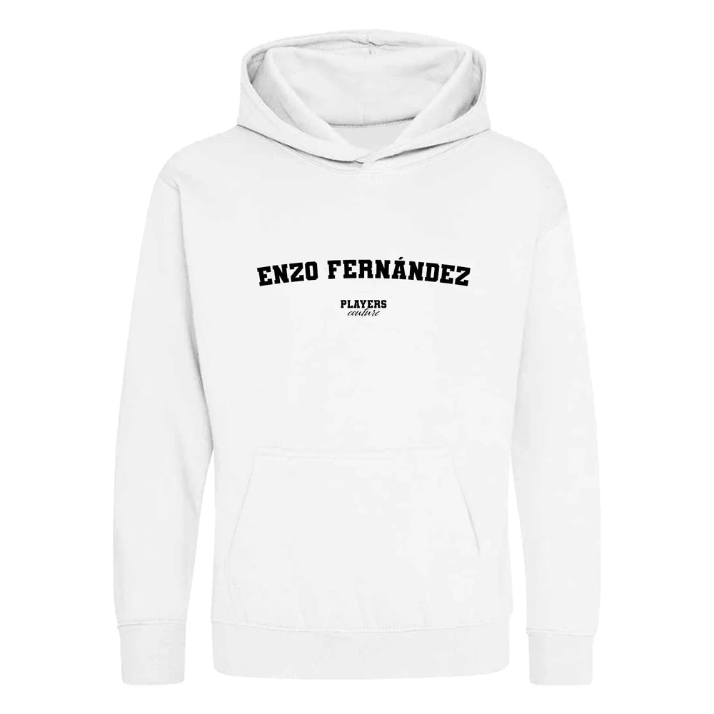 Enzo Fernández hoodie – white kids' hoodie with black Enzo Fernández letters and Players Couture logo on the chest