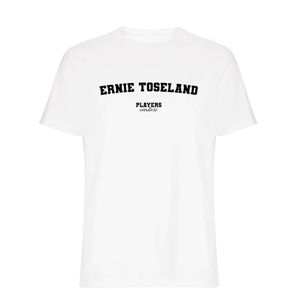Ernie Toseland men's T-shirt in white with bold name lettering