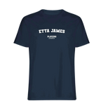 Etta James t-shirt – navy men's t-shirt with white Etta James letters and Players Couture logo on the chest