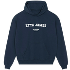 Etta James hoodie – navy men's hoodie with white Etta James letters and Players Couture logo on the chest