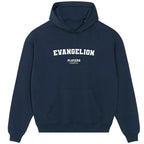 Evangelion hoodie – navy men's hoodie with white Evangelion letters and Players Couture logo on the chest