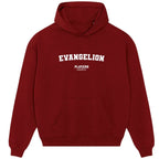 Evangelion hoodie – red men's hoodie with white Evangelion letters and Players Couture logo on the chest