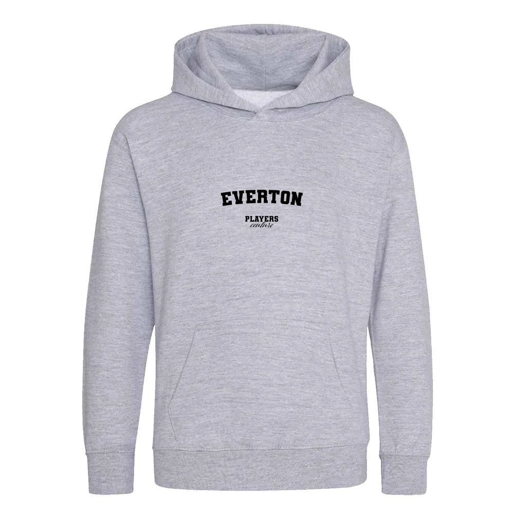 Everton hoodie – grey kids' hoodie with black Everton letters and Players Couture logo on the chest