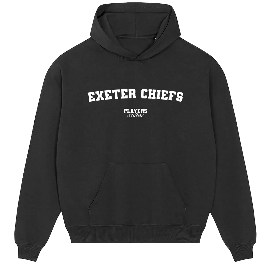 Exeter Chiefs hoodie – black men's hoodie with white Exeter Chiefs letters and Players Couture logo on the chest