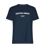 Exeter Chiefs t-shirt – navy men's t-shirt with white Exeter Chiefs letters and Players Couture logo on the chest