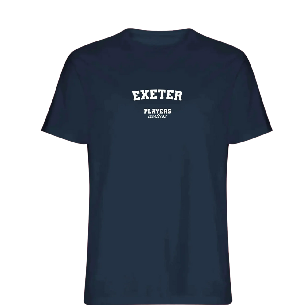 Exeter t-shirt – navy men's t-shirt with white Exeter letters and Players Couture logo on the chest