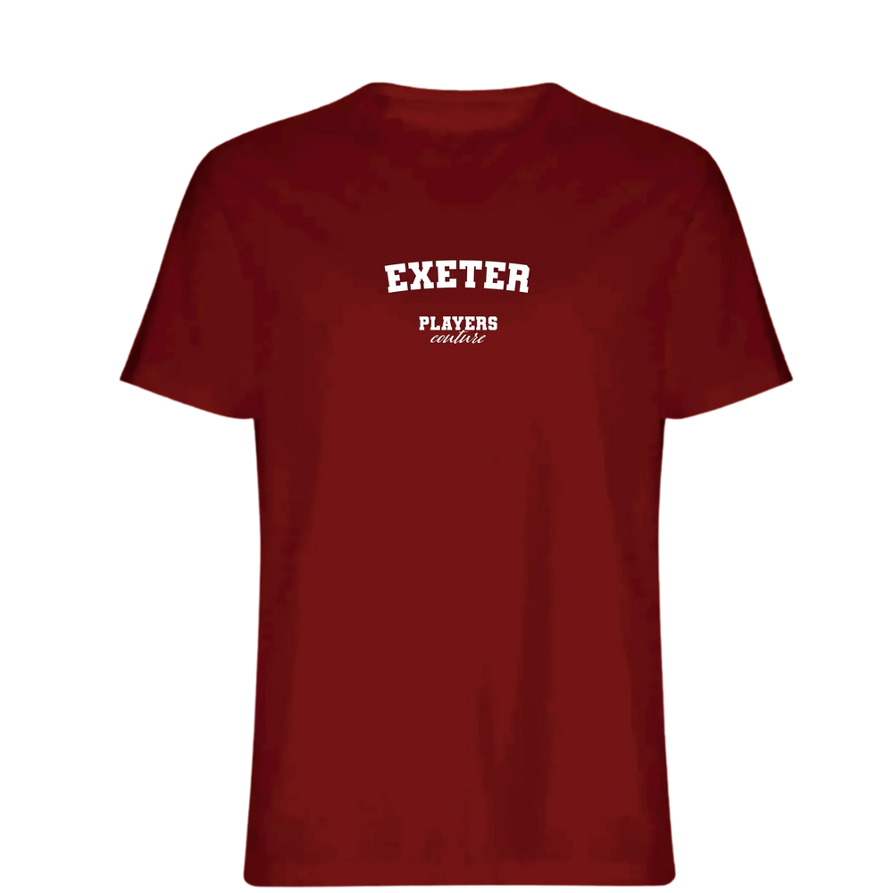 Exeter t-shirt – red men's t-shirt with white Exeter letters and Players Couture logo on the chest