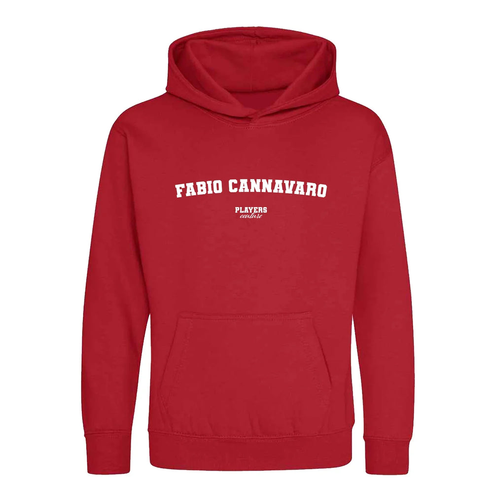 Fabio Cannavaro hoodie – red kids' hoodie with white Fabio Cannavaro letters and Players Couture logo on the chest