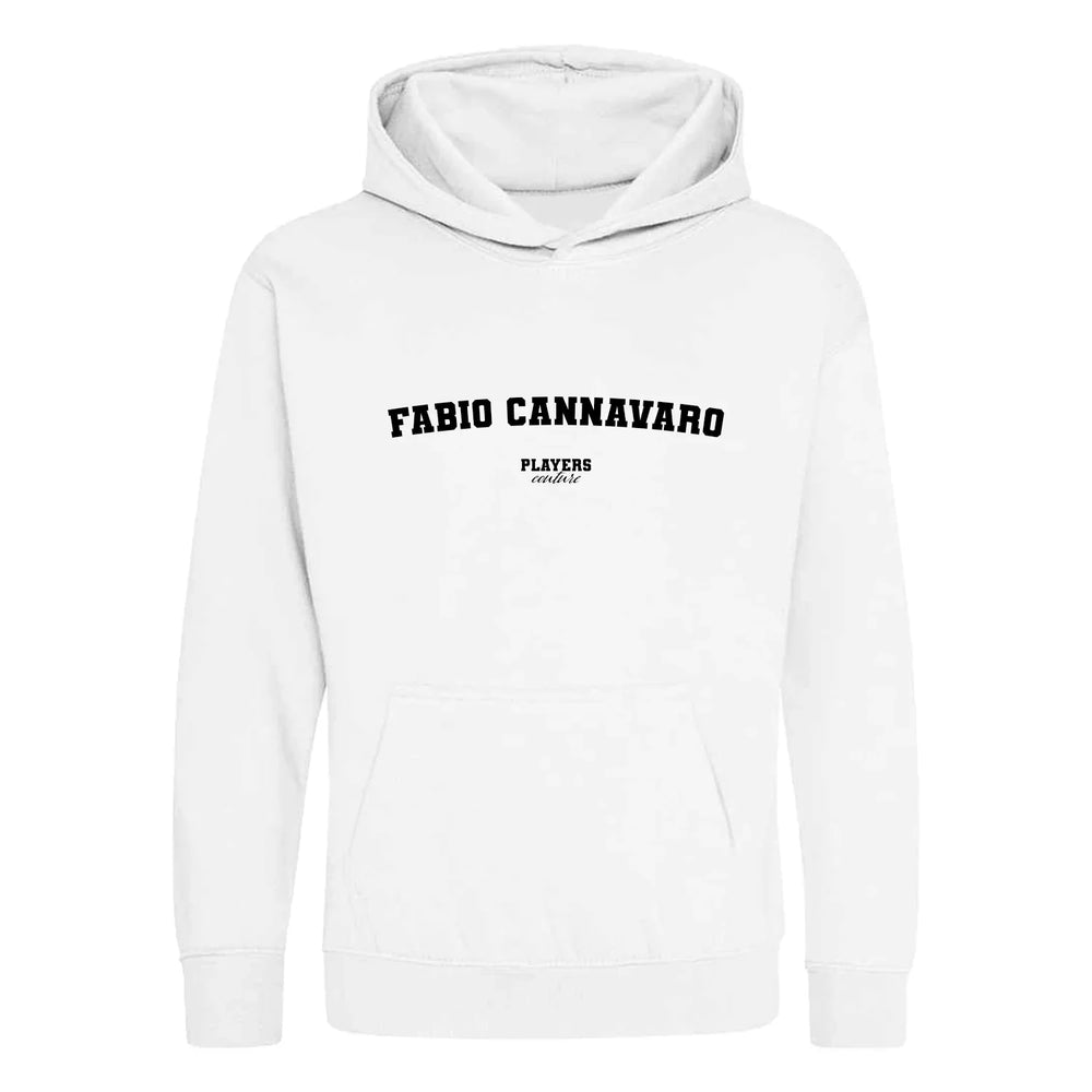 Fabio Cannavaro hoodie – white kids' hoodie with black Fabio Cannavaro letters and Players Couture logo on the chest