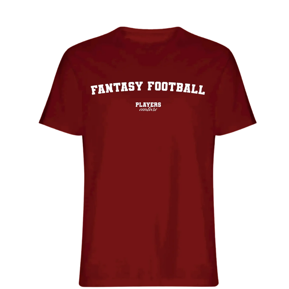 Fantasy Football t-shirt – red men's t-shirt with white Fantasy Football letters and Players Couture logo on the chest