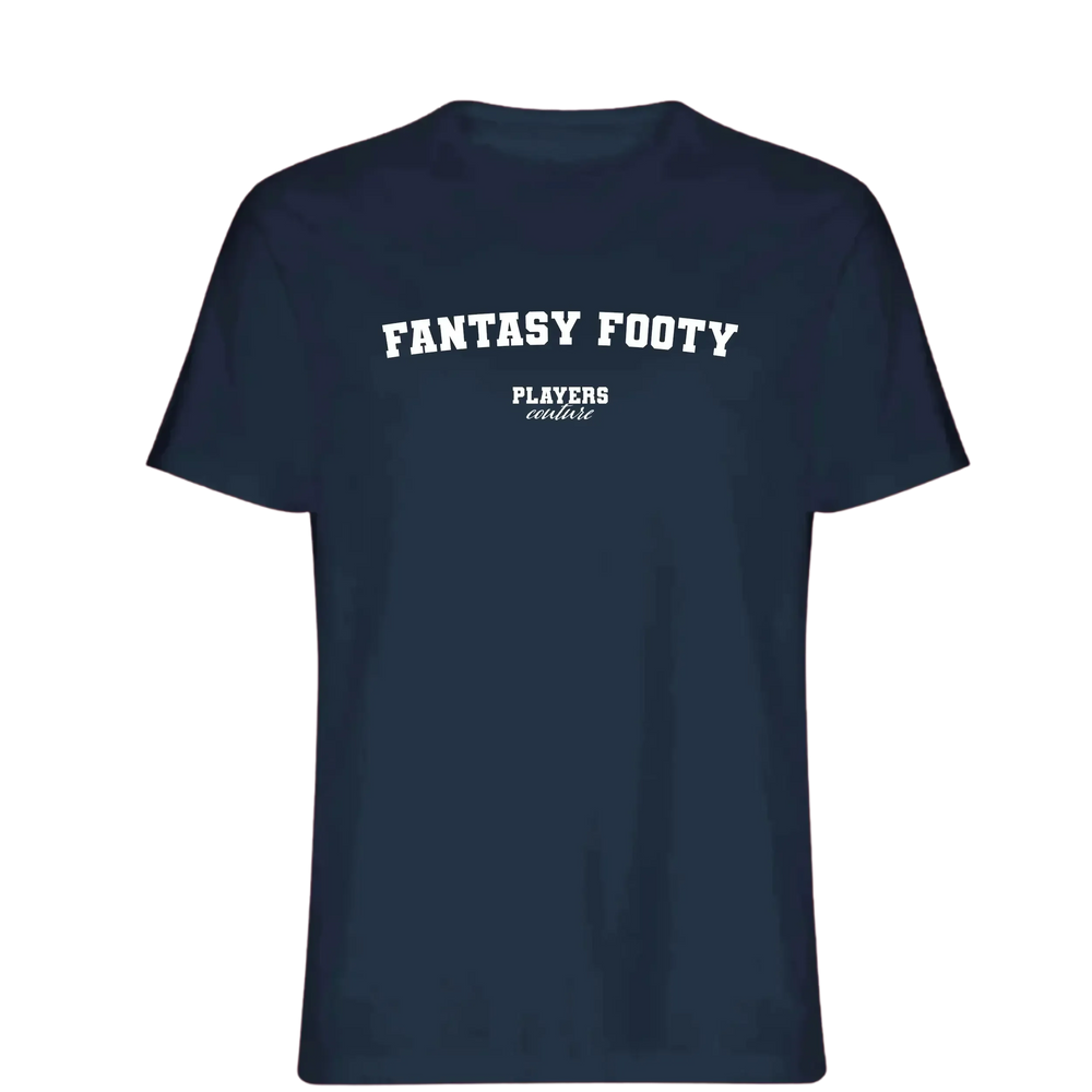Fantasy Footy t-shirt – navy men's t-shirt with white Fantasy Footy letters and Players Couture logo on the chest