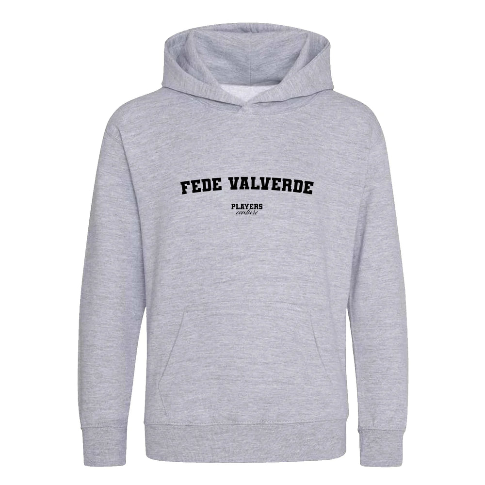 Fede Valverde hoodie – grey kids' hoodie with black Fede Valverde letters and Players Couture logo on the chest