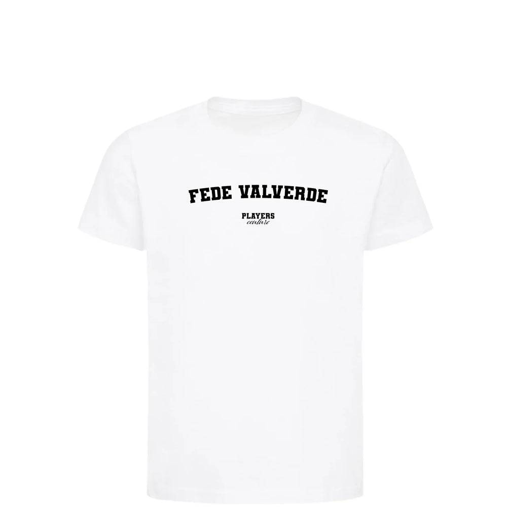Fede Valverde t-shirt – white kids' t-shirt with black Fede Valverde letters and Players Couture logo on the chest