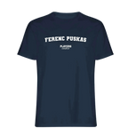 Ferenc Puskas t-shirt – navy men's t-shirt with white Ferenc Puskas letters and Players Couture logo on the chest