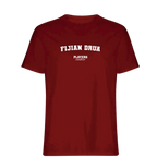 Fijian Drua t-shirt – red men's t-shirt with white Fijian Drua letters and Players Couture logo on the chest